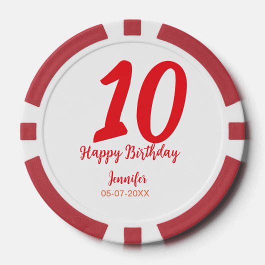 10th Birthday Naam toevoegen Datum Jaar Rode sjabl Poker Chips (Voorkant)