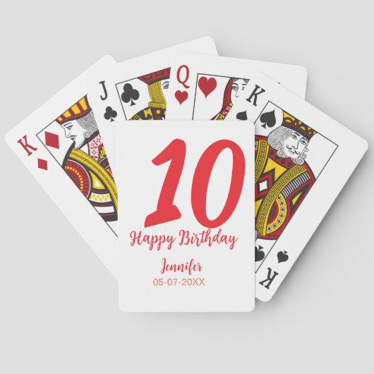 10th Birthday Naam toevoegen Datum Jaar Rode sjabl Pokerkaarten (Achterkant)