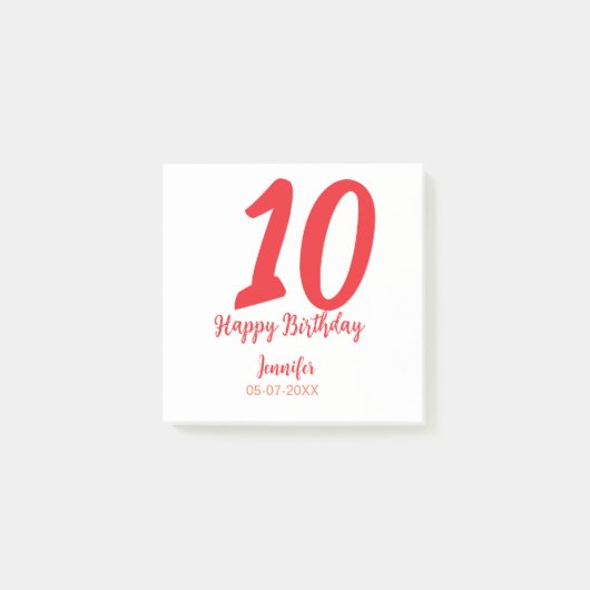 10th Birthday Naam toevoegen Datum Jaar Rode sjabl Post-it® Notes (Voorkant)