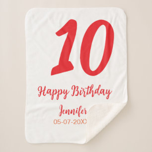 10th Birthday Naam toevoegen Datum Jaar Rode sjabl Sherpa Deken