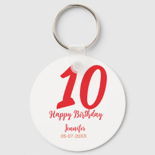 10th Birthday Naam toevoegen Datum Jaar Rode sjabl Sleutelhanger