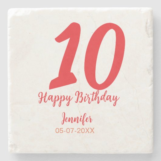 10th Birthday Naam toevoegen Datum Jaar Rode sjabl Stenen Onderzetter (Voorkant)