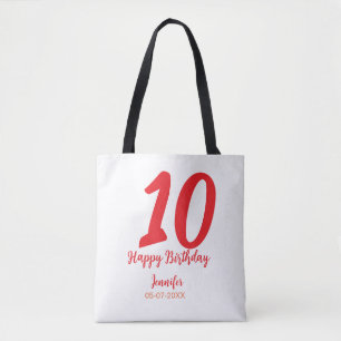 10th Birthday Naam toevoegen Datum Jaar Rode sjabl Tote Bag