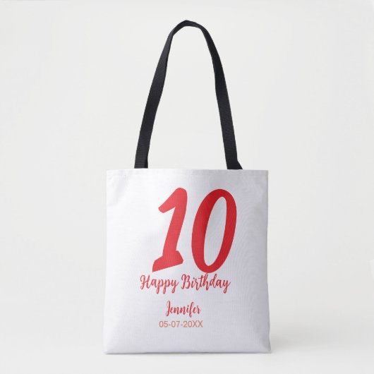 10th Birthday Naam toevoegen Datum Jaar Rode sjabl Tote Bag (Voorkant)