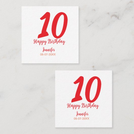 10th Birthday Naam toevoegen Datum Jaar Rode sjabl Vierkante Visitekaartje (Voorkant / Achterkant)
