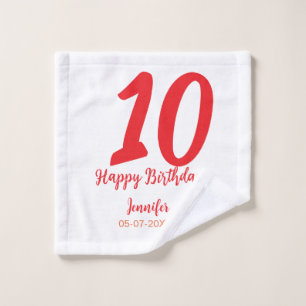 10th Birthday Naam toevoegen Datum Jaar Rode sjabl Washandje