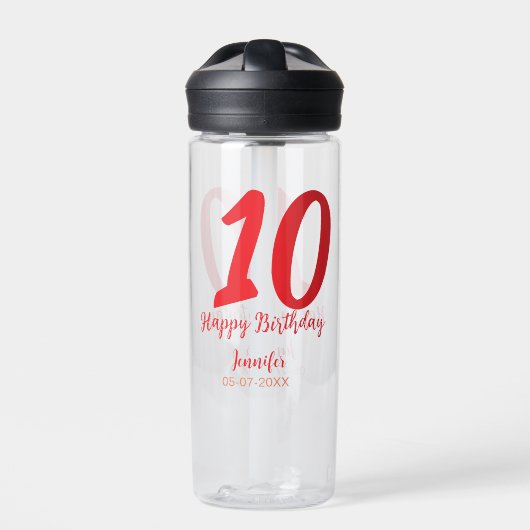 10th Birthday Naam toevoegen Datum Jaar Rode sjabl Waterfles (Voorkant)