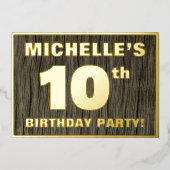 10th Birthday Party: Bold, Faux Wood Grain Pattern Folie Uitnodiging (Voorkant)