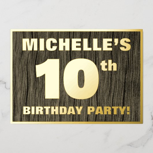 10th Birthday Party: Bold, Faux Wood Grain Pattern Folie Uitnodiging (Voorkant)