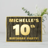 10th Birthday Party: Bold, Faux Wood Grain Pattern Folie Uitnodiging (Staand Voorkant)