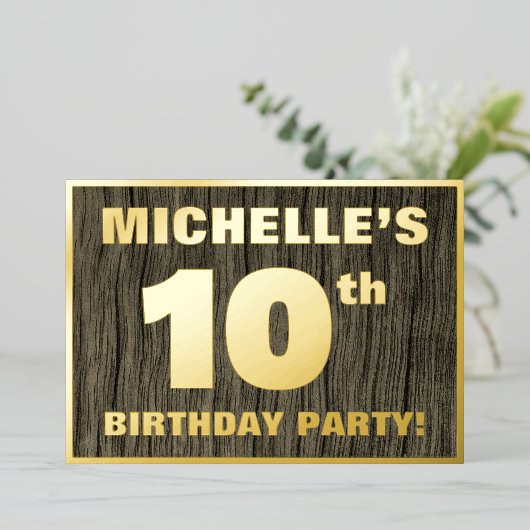 10th Birthday Party: Bold, Faux Wood Grain Pattern Folie Uitnodiging (Staand Voorkant)