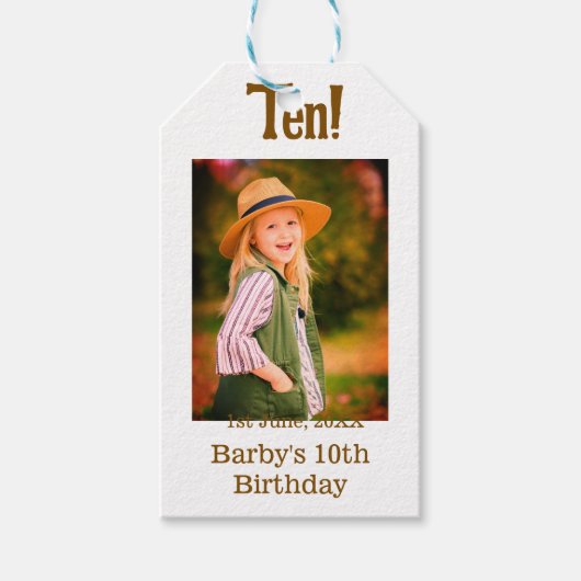 10th birthday photo name date simple brown beige b cadeaulabel (Voorkant)