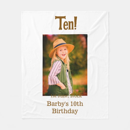 10th birthday photo name date simple brown beige b fleece deken (Voorkant)