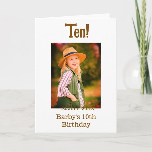 10th birthday photo name date simple brown beige b kaart (Voorkant)
