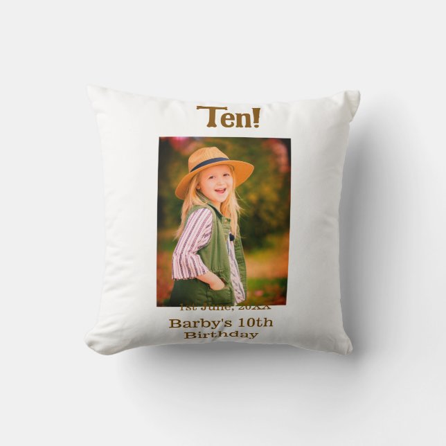 10th birthday photo name date simple brown beige b kussen (Voorkant)
