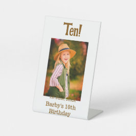 10th birthday photo name date simple brown beige b reclamebord met voetstuk