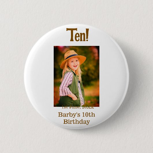 10th birthday photo name date simple brown beige b ronde button 5,7 cm (Voorkant)