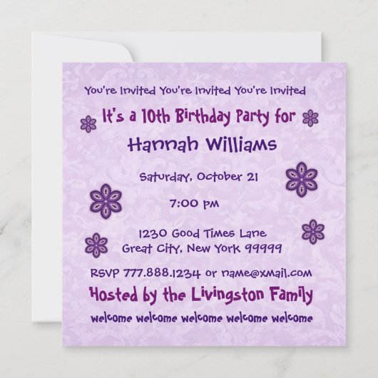 10th Birthday Purple Flowers Custom Name W686 Kaart (Achterkant)