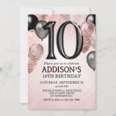 10th Birthday Roos Gouden Ballonnen Invitation Kaart (Voorkant)