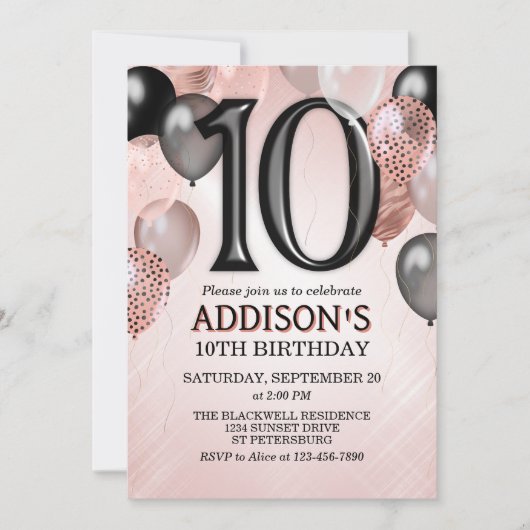 10th Birthday Roos Gouden Ballonnen Invitation Kaart (Voorkant)