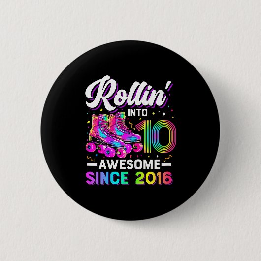 10th Birthday Shirt Girl 10 Year Old Roller Skate Ronde Button 5,7 Cm (Voorkant)