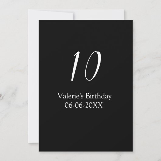 10th birthday white black name date calligraphy kaart (Voorkant)