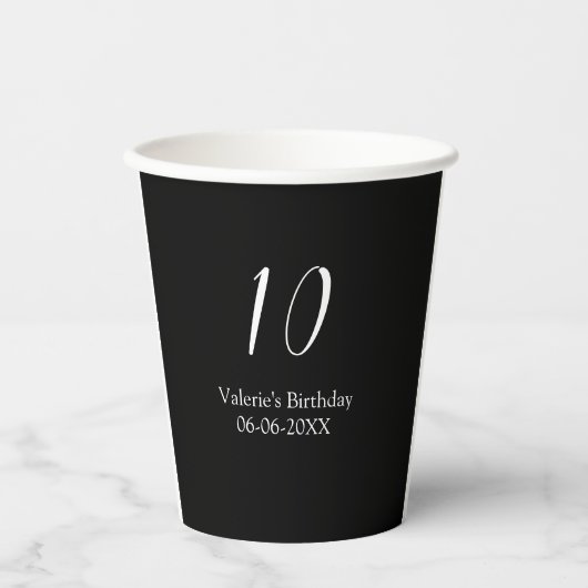 10th birthday white black name date calligraphy  papieren bekers (Voorkant)