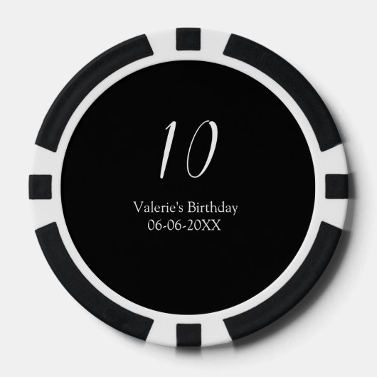 10th birthday white black name date calligraphy  poker chips (Voorkant)