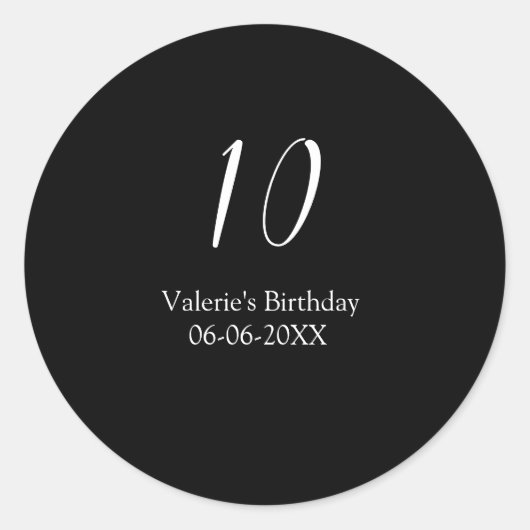 10th birthday white black name date calligraphy  ronde sticker (Voorkant)