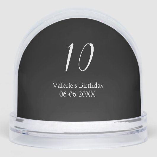 10th birthday white black name date calligraphy sneeuwbol (Voorkant)