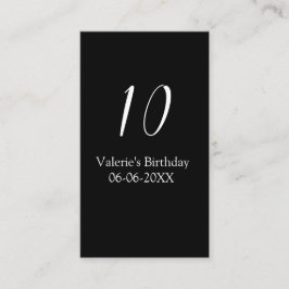 10th birthday white black name date calligraphy  visitekaartje