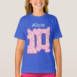 10th Birthday Zebra PINK Hearts Custom Name 6 T-shirt