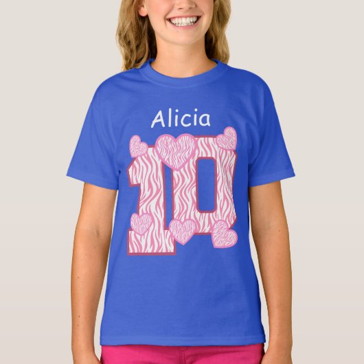 10th Birthday Zebra PINK Hearts Custom Name 6 T-shirt (Voorkant)