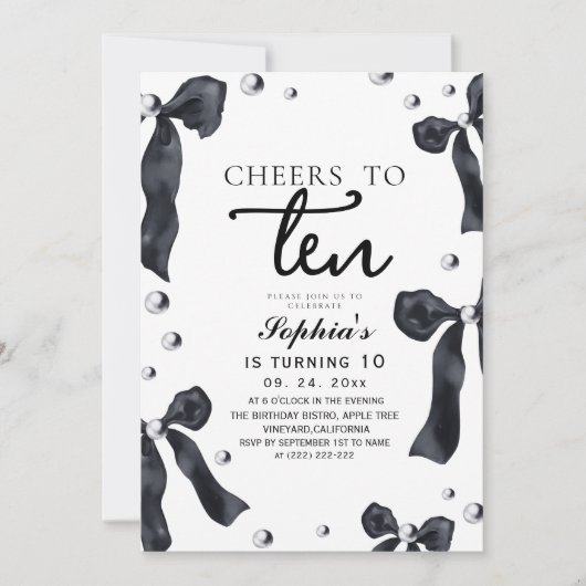 10th Black Bow Birthday Party Kaart (Voorkant)