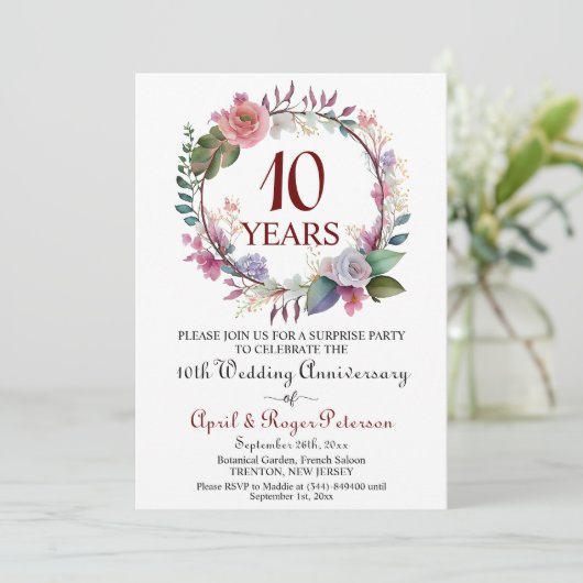 10th Tin Surprise Wedding Jubileum Floral Kaart (Staand voorkant)