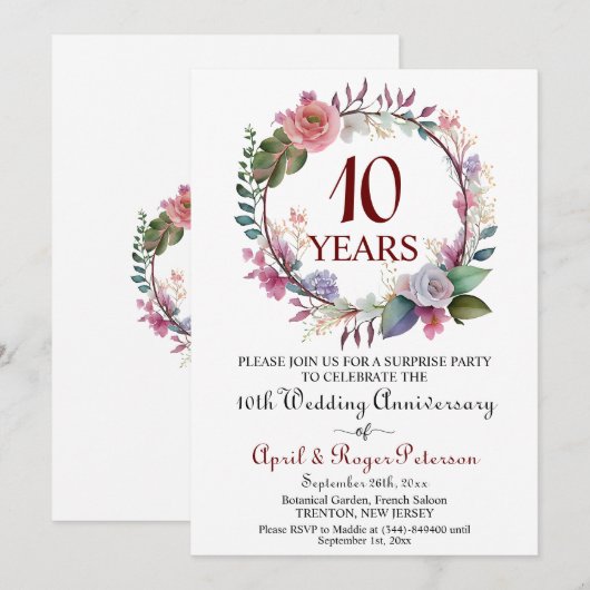 10th Tin Surprise Wedding Jubileum Floral Kaart (Voorkant / Achterkant)