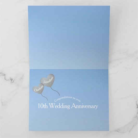 10th Tin Wedding Anniversary Ballon Kaart (Binnen)