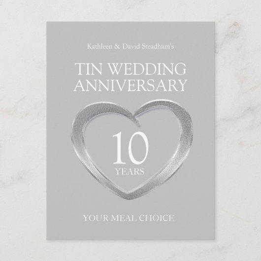 10th Tin Wedding Anniversary RSVP Maaltijdkeuze Informatiekaartje (Voorkant)
