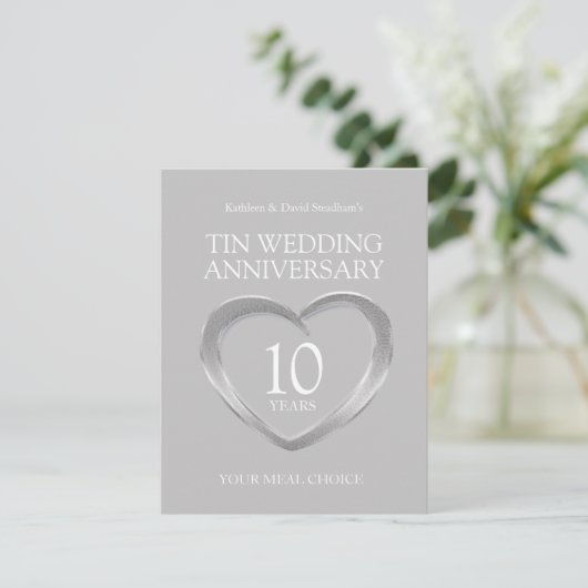 10th Tin Wedding Anniversary RSVP Maaltijdkeuze Informatiekaartje (Staand voorkant)