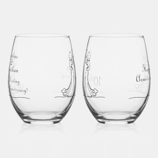 10th Tin Wedding Jubileum Line Art Paar Wijnglas Zonder Voet (Links)