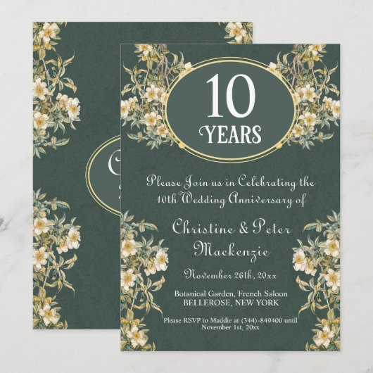 10th Tin Wedding Jubileum Rich Floral Kaart (Voorkant / Achterkant)