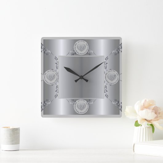 10th Tin Wedding Jubileum Wall Clock Vierkante Klok (Huis)