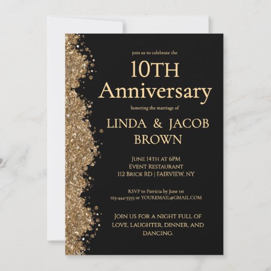 10th Wedding Anniversary Gold Faux Glitter Kaart (Voorkant)