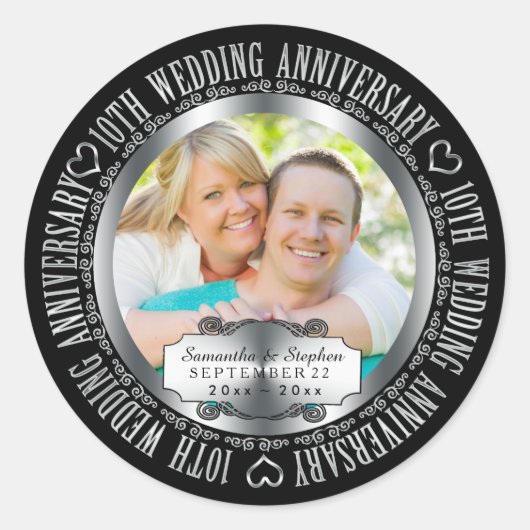 10th Wedding Jubileum Foto Names Date Ronde Sticker (Voorkant)