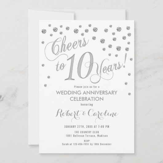 10th Wedding Jubileum Invitation - Silver White Kaart (Voorkant)
