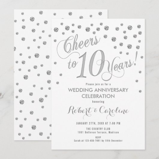10th Wedding Jubileum Invitation - Silver White Kaart (Voorkant / Achterkant)