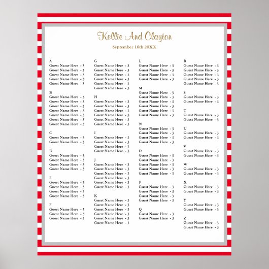 110 Rood/Witte Stripes Wedding Seating Chart Poster (Voorkant)