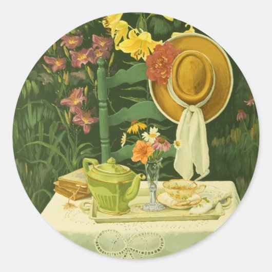 1144 Tea Time in Garden Ronde Sticker (Voorkant)