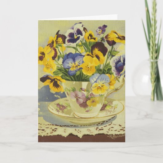 1187 Pansies in Teacup Birthday Card Kaart (Voorkant)