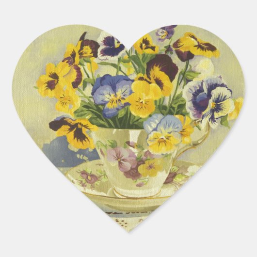 1187 Pansies in Teacup Hart Sticker (Voorkant)